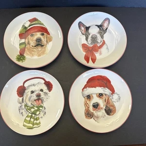 Pier 1 Imports Weihnachten Welpen Hunde Urlaub 8" Dessert Salat Teller 4er Set - Bild 1 von 7