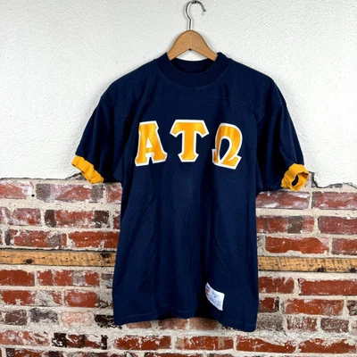 Camisa Vintage Alpha Tau Omega Talla Mediana Azul Amarillo Jersey Fraternidad EE. UU. 90s Foto 1 de 4