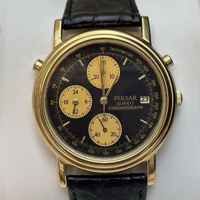 Vintage Pulsar Y187-8A10 Gold Tone Quartz Analog Men's Chronograph Watch New Bat - image 1 of 4