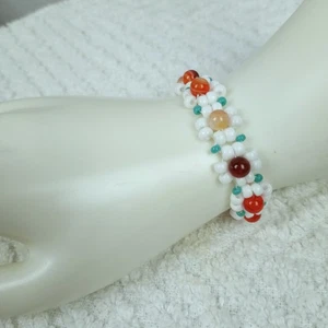HANDMADE  Orange Banded Agate Daisy Chain Bracelet  6 1/2'' ArtToWear Cottage - Picture 1 of 4