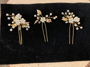 3 Piece Ladies Rhinestone Crystal Pearl Gold Tone Wedding Flower Hairpins Bridal - Picture 1 of 5