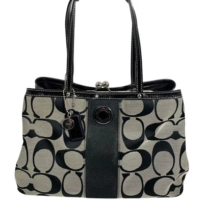 COACH Signature Stripe Carryall Satchel Handbag F19190 Kisslock Trio Pouch Bag - Image 1 of 4