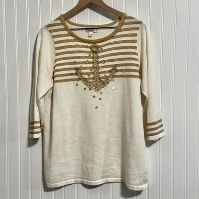 Top Quacker Factory Talla L Blanco Dorado Rayas Lentejuelas Ancla Manga 3/4 Ropa de Crucero Foto 1 de 4