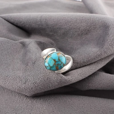 New Year Sale Blue Copper Turquoise 925 Silver Band Party Wear Statement Ring - Image 1 of 4