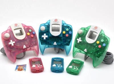 Lot 3 Sega Dreamcast Controller Visual Memory Pink Green Blue Set Tested Japan - Image 1 of 4