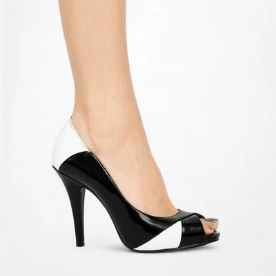 Nine West Black White Patent Faux Leather Peep Toe Stiletto Heels Pump Size 6 - Image 1 of 4