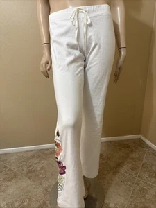 Pantalones para mujer blancos de algodón informales elásticos cintura elástica bordados cuentas talla M - Imagen 1 de 20