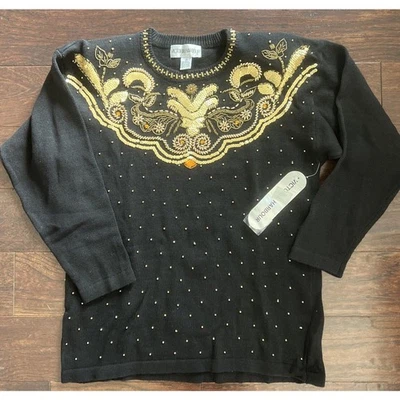 全新带标签 复古 Victoria Harbour M 码 带肩垫 黑色和金色亮片串珠 6115S — 第 1/4 张图片