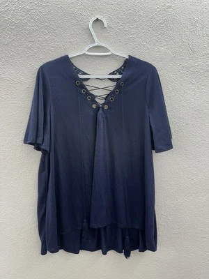 Xhilaration Juniors Blouse Size XXL Blue Cross V-Neck Embroidered Lace Back - Image 1 of 4