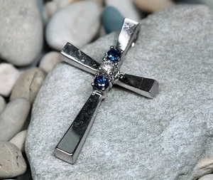 14K White Gold Diamond & Sapphire Cross Pendant Charm - Picture 1 of 6
