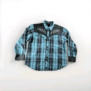 High Noon Pearl Snap Embroidered Green Black Plaid Long Sleeve Western Shirt 2XL - Picture 1 of 11