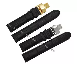 Alligator Grain Genuine Leather Black Watch Band With Deployant Buckle - Picture 1 of 10