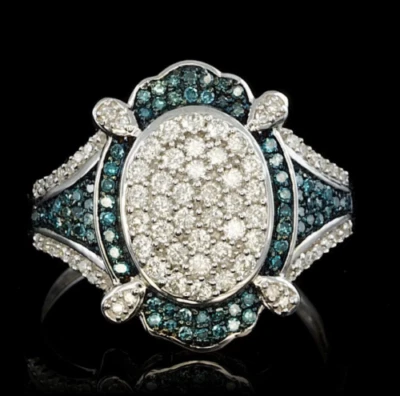 Anillo de boda ovalado de topacio azul simulado de 2 quilates enchapado en oro blanco de 14 k plateado Foto 1 de 4