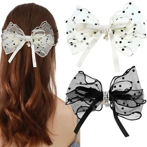 2 Pcs Lace Bow Hair Clips Large Pearl Polka Dot Hair Barrettes Gauze Chiffon ... - Picture 1 of 6