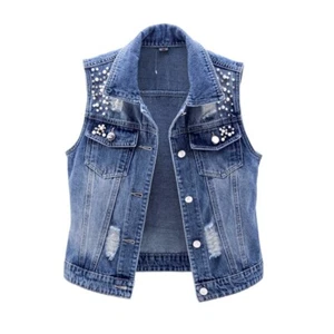 Mujer Chaleco Perlas Vaquero Chaleco Chaqueta Abrigo Sin Mangas Retro Casual Top - Imagen 1 de 6
