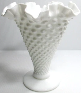 Vintage Fenton Glass Vase Hobnail White Milk Glass Cone Trumpet Shape 7 3/4" T - Picture 1 of 6