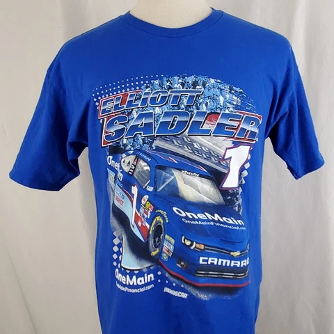 Elliott Sadler #1 NASCAR Racing T-Shirt Large Blue Two Sided Chevrolet Camaro Cover