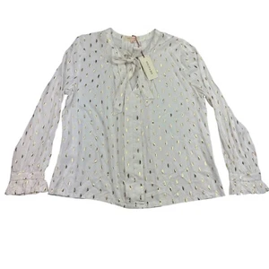 Solitaire White/Gold Geometric Foil Neck Tie ruffle cuff Blouse Women's sz XL - Picture 1 of 9