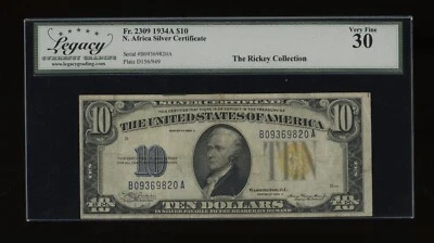 DBR 1934-A $10 North Africa Silver Fr. 2309 Legacy 30 Serial B09369820A - Image 1 of 2