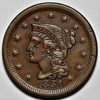 Moeda de cobre 1851 cabelo trançado cabeça liberdade centavo grande - EUA 1c - Imagem 1 de 4
