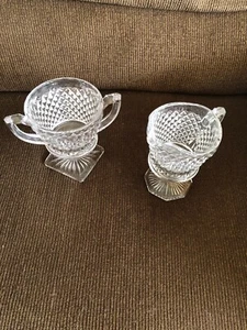 Vintage SET Clear Pressed Glass Footed Creamer & Sugar Bowl - Raised Diamond - Picture 1 of 7