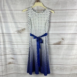 Haani Petite Small Sleeveless Polka Dot Fit Flare Dress White Royal Blue Belt - Picture 1 of 5