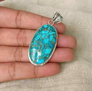 Blue Copper Turquoise Gemstone Handmade 925 Sterling Silver Jewelry Pendant - Picture 1 of 4