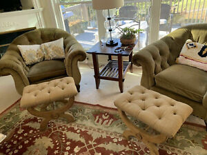 Pair 2 Luxe Ralph Lauren Tufted Sage Velvet Writer's Club Chairs Olive Green