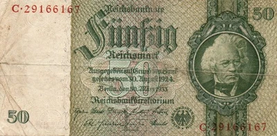 XXX-Rare genuine 50 Reichsmark 3. reich nazi banknote 1933 ok c und. L  !! - Image 1 of 2