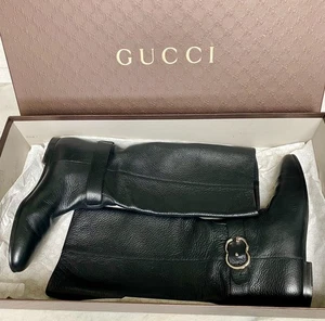 Botas de equitación para mujer GUCCI de cuero negro Sachalin entrelazadas GG talla 37-1/2 - Imagen 1 de 10