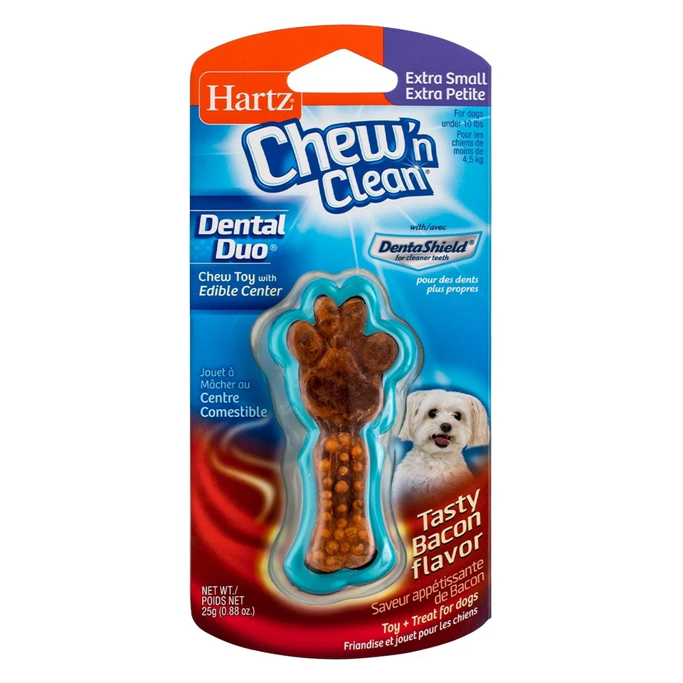 Paquete de 4 juguetes dentales Hartz Chew N Clean dúo para masticar perros, extra pequeños, sabor a tocino Foto 1 de 2