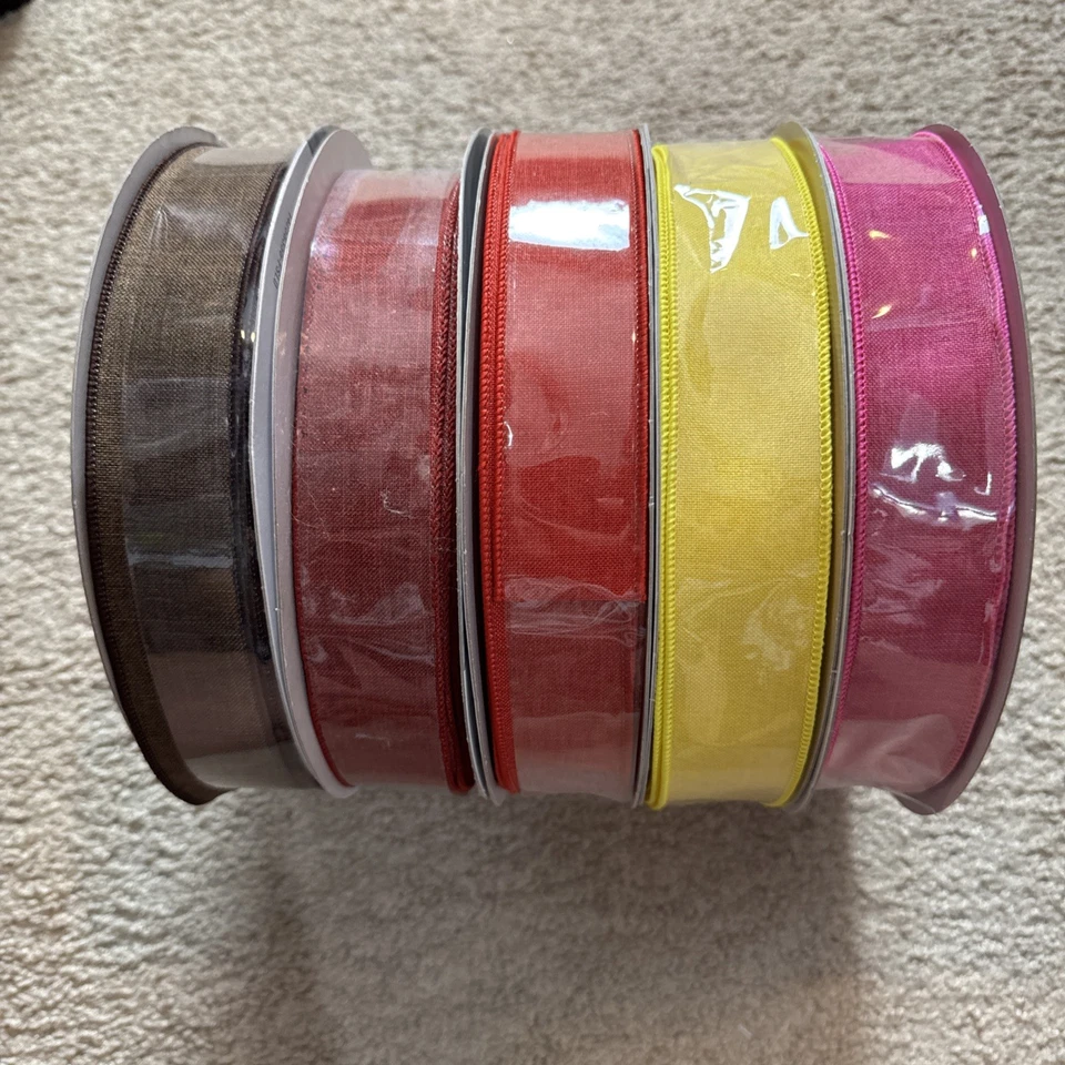 Christmas Ribbon 1.5” X 50 Yards Pink, Yellow, Red Burgundy Brown Lot Of 5 - Image 1 of 3