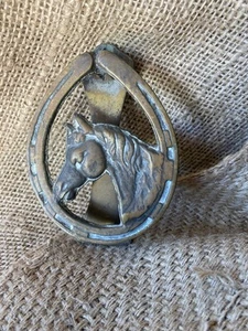 Vintage Brass Door Knocker Cast Metal Horseshoe Horse Head Lucky Equestrian - Picture 1 of 6
