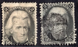 US 1861/1867 TWO CENTS ANDREW JACKSON SCOTT #77 AND WITH GRILL SCOTT #93 USED - Picture 1 of 2