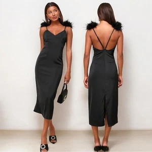 🌻NEW w/tags Lulus Exquisite Invite Black Satin Feather Backless Midi Dress XL - Picture 1 of 13