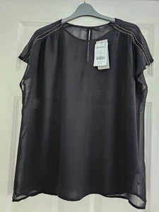 Next Short Sleeve Sheer Top With Beaded Accents Black - Size 12 NEW (RRP-£24) - Picture 1 of 6