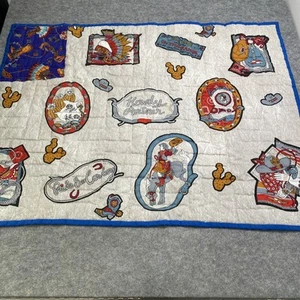 Handarbeit Kinder Quilt Western Cowboy Print Überwurf Decke blau rosa 46x62 Vintage - Bild 1 von 8