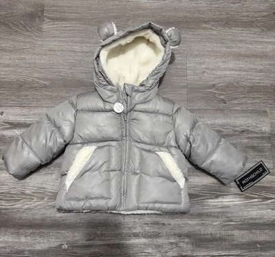 Jaqueta acolchoada Rothschild Sherpa forrada animal com capuz bebê meninos 12M cinza zíper completo - Imagem 1 de 4