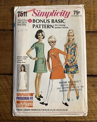 1960s Simplicity 7511 Sewing Pattern Junior Dress Sz 13/14 Bust 33-1/2 New Uncut - Image 1 of 4