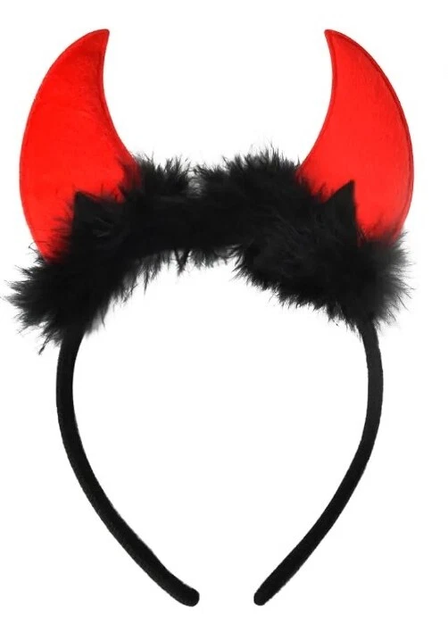 FUZZY RED DEVIL HORNS w/ Black Fur PLASTIC HEADBAND  Halloween COSTUME UNISEX  - Image 1 of 4