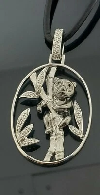 🐼 Panda Bear Pendant Necklace on Bamboo Tree Diamond 18k Black Gold White Gold  - Image 1 of 4