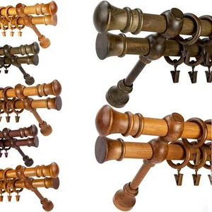 Wooden Curtain Pole Double Rail 28/28mm SET Poles Rings Clips Brackets - Picture 1 of 11