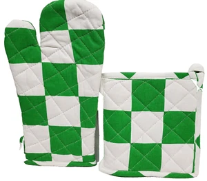 Cotton Quilted Set of 2: 1 Potholder & 1 Oven Mitt, GREEN & WHITE CHECKERED, LT - Picture 1 of 9