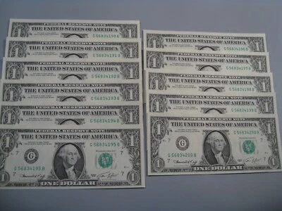 11 CU Consecutive Serial Number 1974 FRN Notes # G 56834190-200 B. #20 - Image 1 of 4