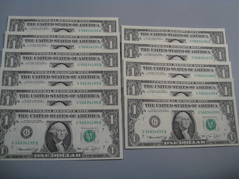 11 CU Consecutive Serial Number 1974 FRN Notes # G 56834190-200 B. #20 - Image 1 of 4