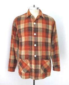 Vtg 50s Rust Plaid Flannel Shirtjac Lumberjack Shirt Jacket Shacket Pockets M - Picture 1 of 6