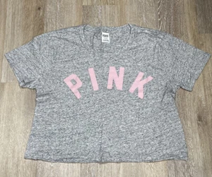 PINK VICTORIAS SECRET GREY CROP SHIRT PINK LOGO RAW HEM ADORABLE Sz L NWOT - Picture 1 of 5