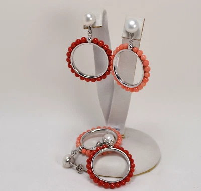 ORECCHINI  ARGENTO 925 RODIATO CERCHI PERLE CORALLO ROSSO E ROSA      AGHT 0604 - Immagine 1 di 3