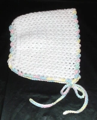 ADULT BABY BONNET ONE SIZE FITS  ALL  BABY WHITE WITH PASTEL TRIM - Photo 1/2