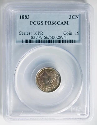 1883 Three Cent Nickel PCGS PR66CAM Proof Cameo 3¢, Nice Toning - Image 1 of 2